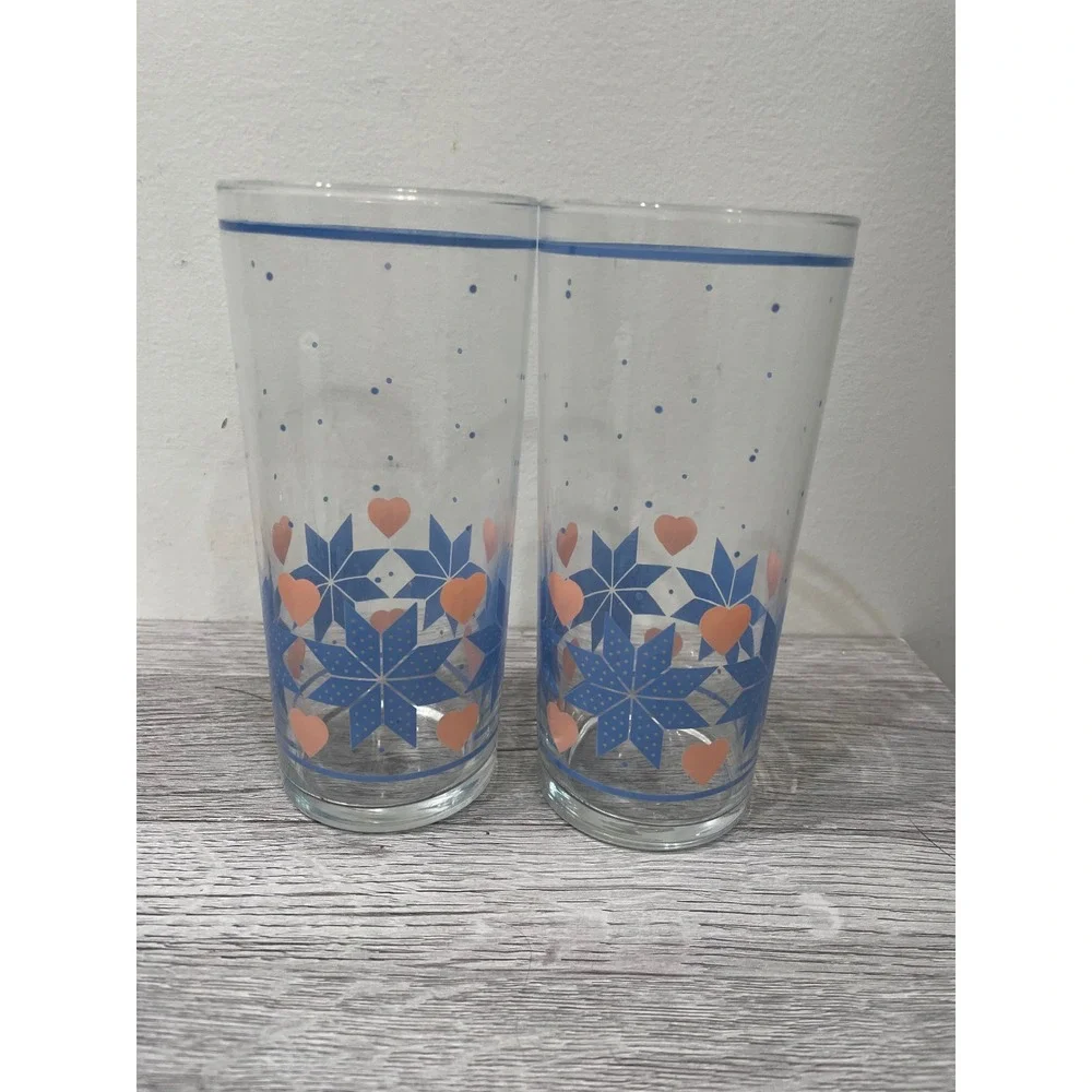 Vintage LIBBEY Snowflake and Heart Glass Tumblers Set of 2 Blue Peach Folk Art